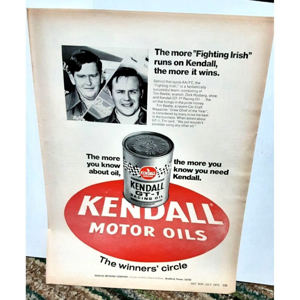 1972 Kendall GT Motor Oil Original Print Ad Vintage 70s